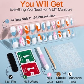 Teenitor Blue Abstract Designs Short Almond Press-on Nails, 24pcs Reusable Acrylic Nails with Glue