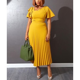 AOMEI Women's Short Sleeve Asymmetrical Ruffles High Waist Pleated Hem Midi Spring Dress (Yellow,XXL,XX-Large)