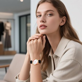 JewelryWe Women's Watch with Leather Strap and Pulse Calculation Women's Analogue Quartz Watch Genuine Leather Strap Heart Rate Monitor Nurse Watch with 12/24 Hours Large Numbers Dial, Black - Gold