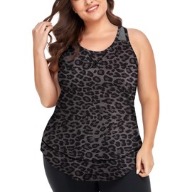 COOTRY Plus Size Workout Tops for Women Racerback Tank Tops Athletic Gym Yoga Clothes Loose fit Leopard 3XL