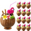 Taiyin Coconut Cups with Flamingo Straws Hawaiian Luau Party Decorations