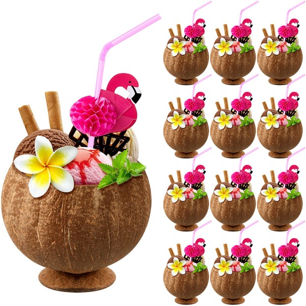 Taiyin Coconut Cups with Flamingo Straws Hawaiian Luau Party Decorations
