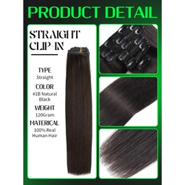 Anrosa Straight Clip In Hair Extensions for Black Women 14 Inch Real Human Hair Seamless Clip ins Natural Black #1B 120g