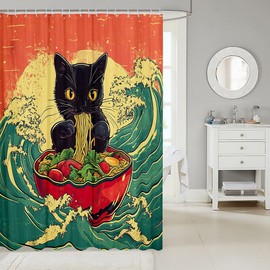 jejeloiu Japanese Cat Shower Curtain Japan Ocean Wave Bath Curtain for Bathroom Stalls Bathtubs 72"x72" Kids Boys Girls Teens Exotic Decor Ramen Kitten Bathroom Accessories Waterproof, with 12 Hooks
