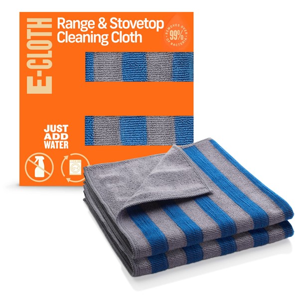 E-Cloth Range & Stovetop Cleaning Cloth, Reusable Premium Microfiber Cleaning Cloth, Ideal Oven & Glass Stove Top Cleaner, 100 Wash Guarantee, Blue & Gray, 2 Pack