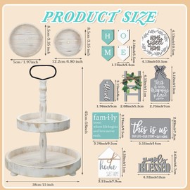 Two Tiered Tray with 11 Pcs Wooden Signs, Farmhouse Tiered Tray Decor Set Rustic Home Kitchen Table Fall Decor Wood Tiered Tray Stand Decorative Table Shelf Centerpiece (Fresh Style)