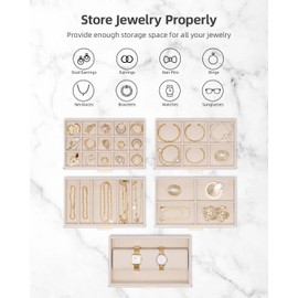 Vlando Jewelry Box Organizer,Large Jewelry Storage for 5 Drawn,PU Leather Jewelry Boxes for Women,Earring Necklace Rings Watch Display Boxes,Wedding Birthday Gift Apricot White