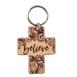 Dexsa Laser-Engraved Maple Wood Keychain - Believe | Laser Cut Shape and Laser Engraved Verse | Makes a Wonderful Gift | Metal Key Ring, Brown, 2" x 3.625" x .125"