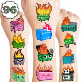 Dumpster Fire Temporary Tattoos Stickers Themed Birthday Party Favors Decorations Supplies 100PCS Cute Funny Garbage Trash Bin Fire Tattoo Sticker Gifts For Boys Girls School Prizes Carnival Christmas