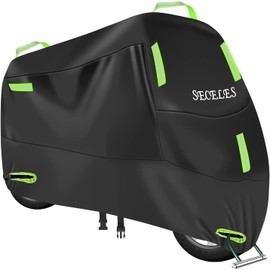 Seceles 300D Motorcycle Cover, Heavy Duty Durable Waterproof Outdoor All Season Protection Scooter Cover with 7 Reflective Strips and 2 Lock-Holes (M: 73" * 33" * 39")
