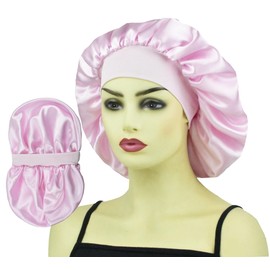 Silk Bonnet for Sleeping Women, Double Layer Satin Bonnet for Curly Hair Long Hair Wide Band Silk Lined Sleep Caps Night Cap Pink