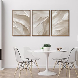 myusuar 3 Piece Large Abstract Framed Wall Art For Living Room, Smoke Texture Ink Beige White Canvas Wall Art Modern Minimalist Art Prints Wall Décor For Bedroom Office 16x24in