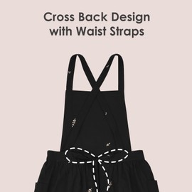 Surblue Cross Back Aprons for Women with Pockets Cute Japanese Cotton Kitchen Aprons Waterproof Pinafore Dress for Painting Cleaning Cooking Gardening, Leaves Black