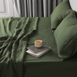 XZ XIFA King Moss Green Linen Bed Sheet Set, 100% French Flax, 175 GSM, 1 Flat, 1 Fitted, 2 Pillowcases, Deep Pocket, Washed, Organic, Cooling, Softens with Wash