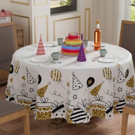XCHI Birthday Gifts Hats Balloons Firework Tablecloth Round Washable Table Covers for Indoor Outdoor Dining Table Home Party Decorations 70x70 Inch
