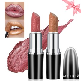 Likesing 2 Piece Glitter Lipstick Set, Lip Gloss, 24 Hour Hold, Matte Lipstick, Lip Gloss, Long Lasting Lipstick, Pink, Red Nude Lip Balm, Make Up, Women Lip Gloss, Gift (01+12, 2)