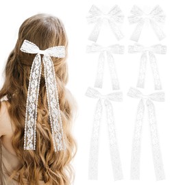 6 PCS White Lace Bow, White Lace Hair Bow Clips, Long, Medium and Short Styles, Bows for Hair with Long Tail Hair Accessories for Babies Teenagers Toddlers Children's Birthdays