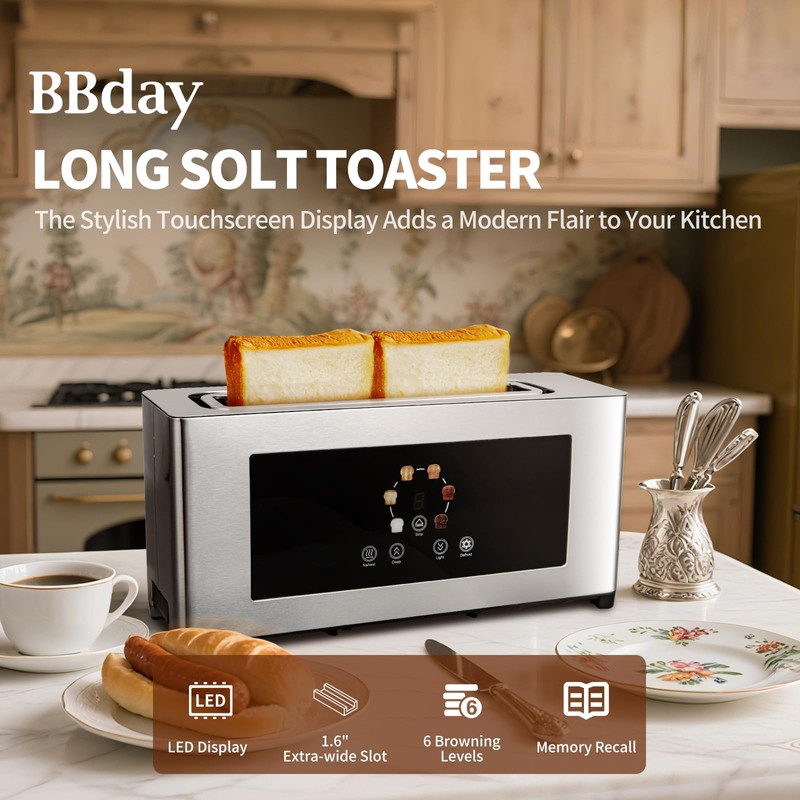 Touch Screen Toaster with Defrost & Removable Tray, 2 Slice