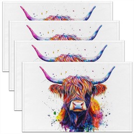 jejeloiu Colorful Highland Cow Placemats Set of 4 18"x12" Kids Highland Cattle Tie Dye Table Place Mats Boys Girls Farmhouse Rustic Cow Placemat for Kitchen Dining Table Party Decor Indoor Outdoor