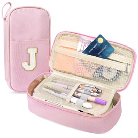 Idefair Cute Pencil Case, Preppy Pencil Pouch Aesthetic Pen Case with Finger Loop, Large Capacity Pencil Bag with Double Zipper School Supplies for Girls (Pink, Letter J)