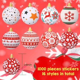 1000 Pcs Christmas Ornament Roll Stickers Christmas Ball Sticker Assorted Holiday Stickers 1.5 Inch Christmas Decoration Stickers Roll for Christmas Candy Bag Party Favors Supplies (Snowflake Style)