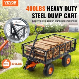 Dump Cart, Metal Garden Dump Cart with Easy to Assemble Frame, Dump Wagon with 2-in-1 Convertible Handle, Utility Wheelbarrow 400 lbs Capacity, 10 inch Tires