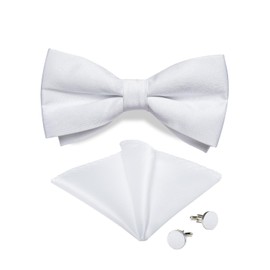 DiBanGu Mens Classic White Pre-Tied Satin Bowtie and Pocket Square Cufflinks Set for Wedding Tuxedo