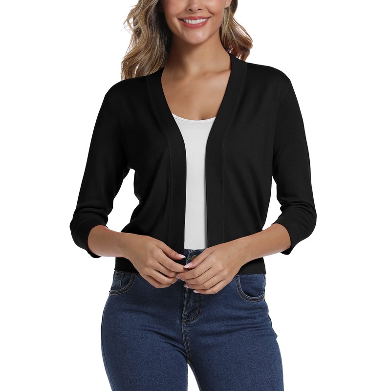 Women's 3/4 Sleeve Open Front Bolero Cardigan Shrug Solid Cardigan