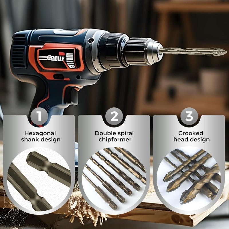 6 Pcs Four-Flute Sawtooth Eccentric Twist Drill Bit, Concrete and