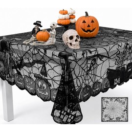1Pack Halloween Table Cloth, Black Lace Design with Pumpkin Bat Patterns
