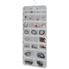 Freegrace Hanging Jewelry Organizer Revolving Hanger - Secure Zipper Closure - 25 Pockets,23 Hooks - Foldable Storage & Display Solution - For All Jewelry & Bijoux (Gray)