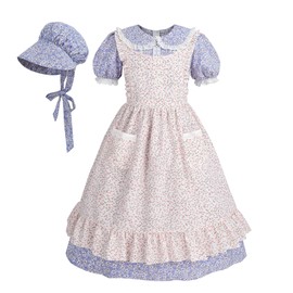 Nuoqi Colonial Costume Girls Prairie Pioneer Dress Laura Ingalls Wilder Costume with Apron Purple, 10-12