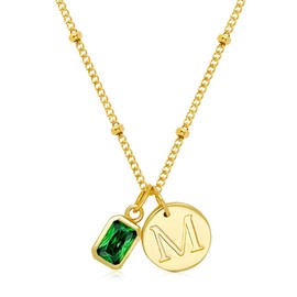 Free bird Gold Initial Necklace Green Necklace M Necklace Gold Dainty Necklace for Birthday