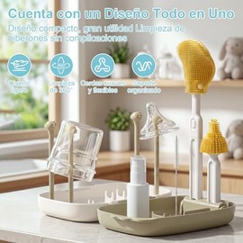 Meajax Cepillo para Biberones 7 en 1, Kit de Limpieza para Mamilas con Cepillo de Silicona Suave, Limpiador de Popotes, Dispensador de Jabón, Escurrid