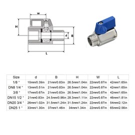 1/2 Inch Mini Ball Valve Stopcock Made of 304 Stainless Steel, 1 Piece Mini Ball Valve with Blue Handle, High Temperature Resistant (Inner x Outer Thread)