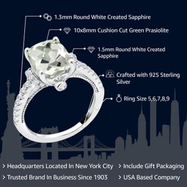 Gem Stone King 3.00 Cttw Green Prasiolite and White Created Sapphire Ring For Women | 925 Sterling Silver | Cushion Cut 10X8MM | Available in size 5, 6, 7, 8, 9