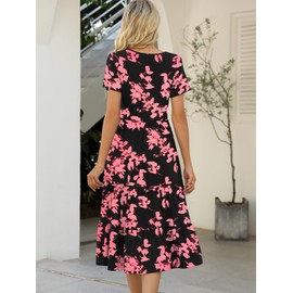 Lyrur Tea Party for Woman Short Sleeve Summer Sundress Tiered Babydoll Casual Midi Dresses Women 2025 (XL,9191-Black Coral)