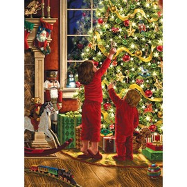 Bits and Pieces – Large 300 Piece Jigsaw Puzzle for Adults – Embellished Glitter - Children Decorating The Christmas Tree by Artist Liz Goodrick Dillon, Completed Puzzle Size: 20" x 27"