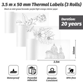 Thermal Paper for T02/M02X/M02L/M02S Mini Thermal Printer, Transparent for Photo Printing, Study Notes, Journals and More (50 mm x 3.5 m, 3 Rolls)