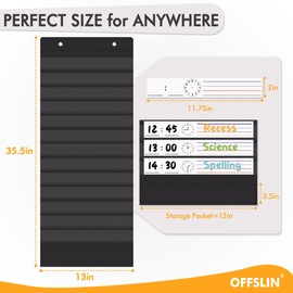 OFFSLIN Daily Schedule Pocket Chart, 13+1 Pockets Visual Classroom Schedule Pocket Chart, 18 Double-Side Dry Erase Cards Routine Calendar for Classroom, Office, Home Teacher Supplies (Black)