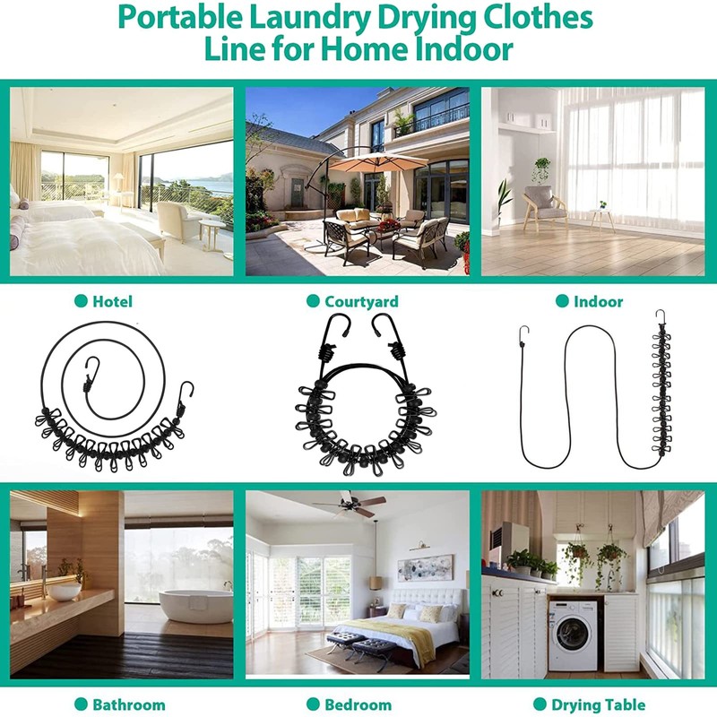 Portable Clothesline with 12 Clothes Pins - Travel Retractable Clothesline