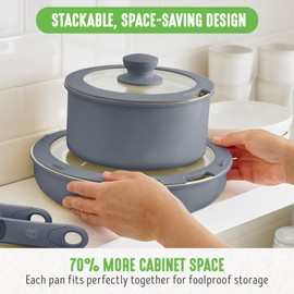 GreenLife 10 Piece Nonstick Pots & Pans Set, Detachable Handle & Stackable Cookware Set, Non Toxic PFAS-Free Skillets, Induction Kitchen Pans, Space Saving, Serving Bowls, Oven Safe, Graphite