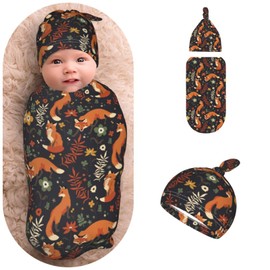 Newborn Swaddle Blanket Foxes and Flowers Baby Sleep Sack with Beanie Set Soft Stretch Adjustable Wraps Receiving Blankets for Infant Boy Girl