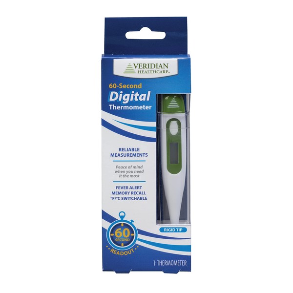 Veridian Healthcare Digital Thermometer | 60-Second Readout | Fahrenheit and Celsius | Rigid Tip | Fever Alert |
