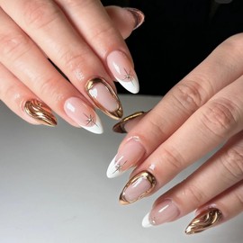 MERVF Almond Press on Nails Medium Fake Nails White French Tip Glue on Nails Star Y2K Rhinestones Press ons 3D Gold Design Stiletto Acrylic False Nails Glossy 24pcs
