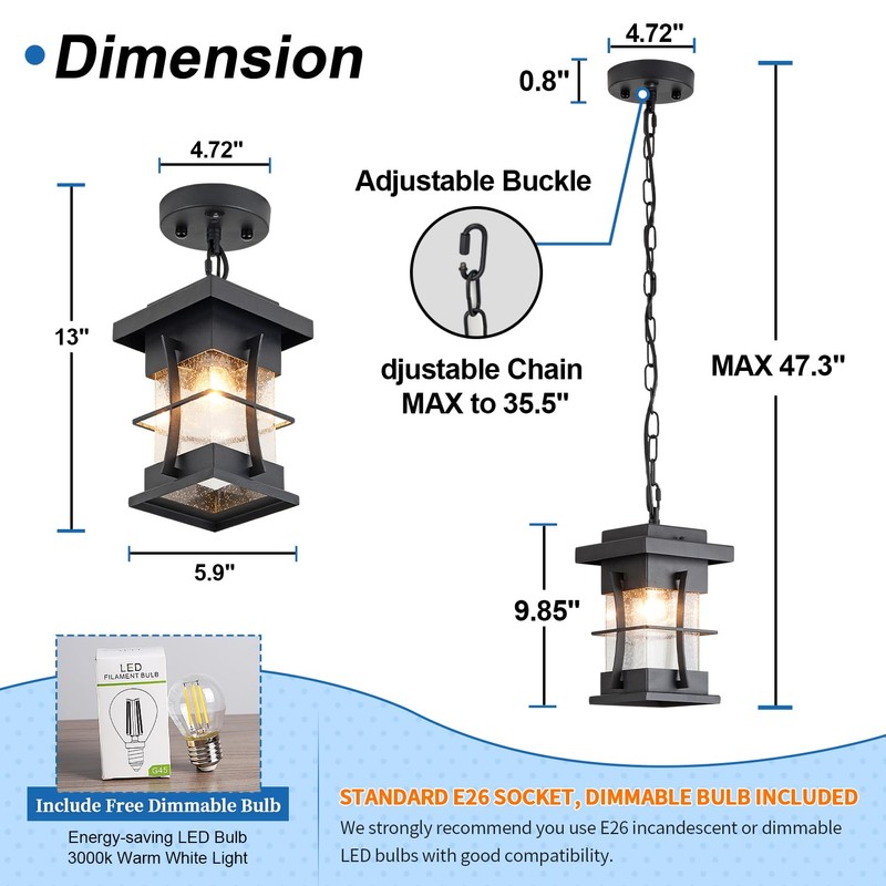 EERU Motion Outdoor Pendant Light Fixture with Dusk to Dawn