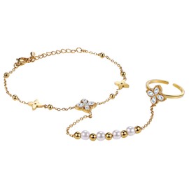 Flonge Ring Bracelet Hand Chain: Dainty Finger Ring Bracelets for Women Fashion Beaded Four-leaf Clover Rhinestone Bracelet Adjustable Boho Ring Bracelet Chain Trendy Jewelry for Women