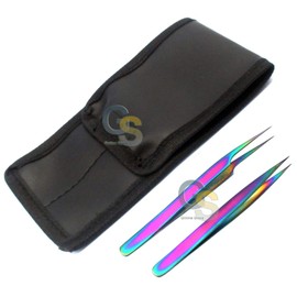 G.S Set of 2 Stainless Steel Multi Titanium Rainbow Color Jeweler Style Tweezers #3 & #8 FINE Point Best Quality