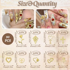 Nayyana 90 Pieces Gold Nail Charms Cross Nail Art Jewelry Rose Pendants for Nails Metal Nail Gems Luxury Nail Decoration for Manicure Design Crafts DIY