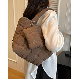 Base'ic Quilted Tote Bag for Women – Large Soft Cotton Shoulder Purse with Zipper – Casual Puffer Style Handbag (Brown)
